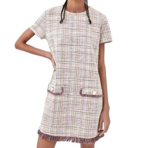 Zara |White Multicolor Pastel Tweed Fringe Frayed Hem Pearl Button Shift Dress S